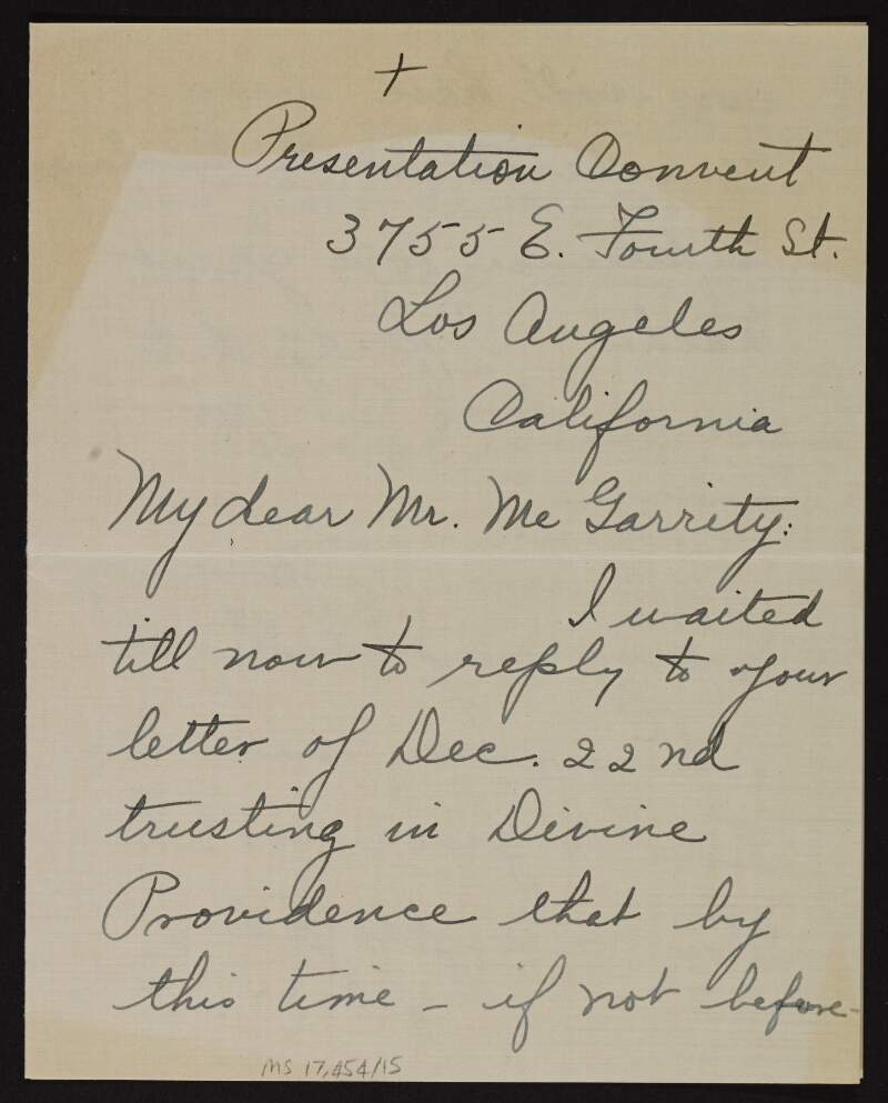 Letter from Sister Mary Patrick Rupert to Joseph McGarrity asking him if he has been reinstated in the Exchange,