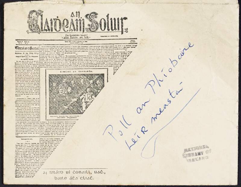 Envelope with an image of 'An Claidheamh Soluis' and an annotation "Poll an Phíobaire, Leír meastá" (reviews of Padraic Pearse's "Poll an Phíobaire"),