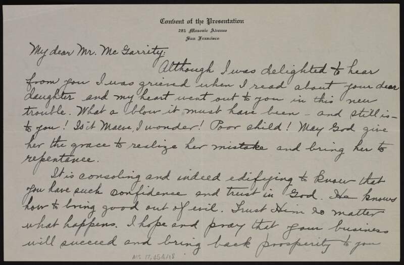 Letter from Sister Mary Patrick Rupert to Joseph McGarrity regarding his business and "Mr O'Doherty",