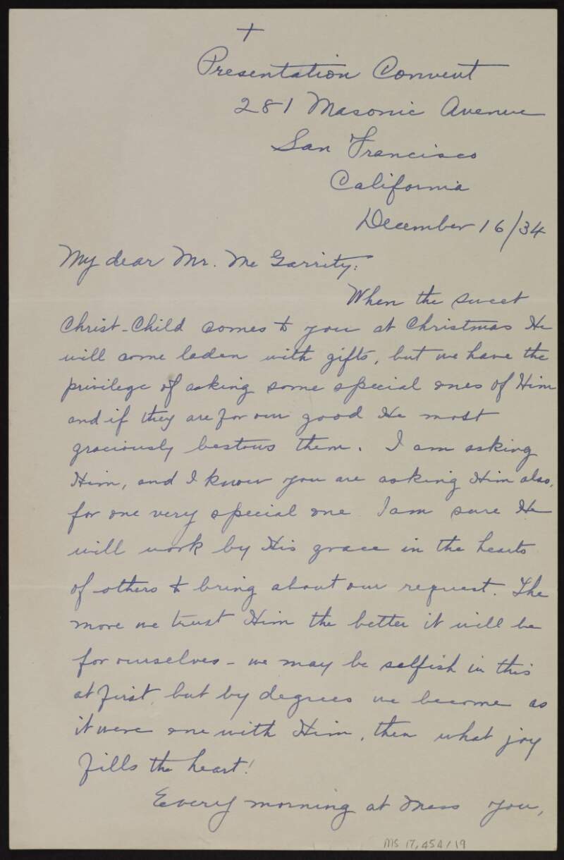 Letter from Sister Mary Patrick Rupert to Joseph McGarrity wishing him a happy Christmas,