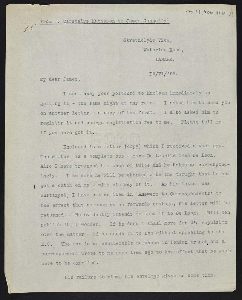 Copy of letter from John Carstairs Matheson to James Connolly confirming he has asked for a copy of a letter to be sent to Connolly, enclosing a copy of a letter Matheson received from G. Geis, and asking about the New York Industrial District Council,