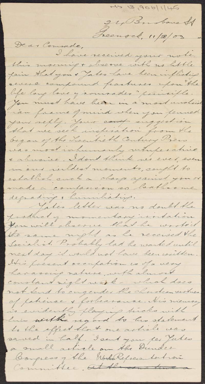 Letter from John Carstairs Matheson to James Connolly about a disagreement between Connolly and George S. Yates relating to 'The Socialist',