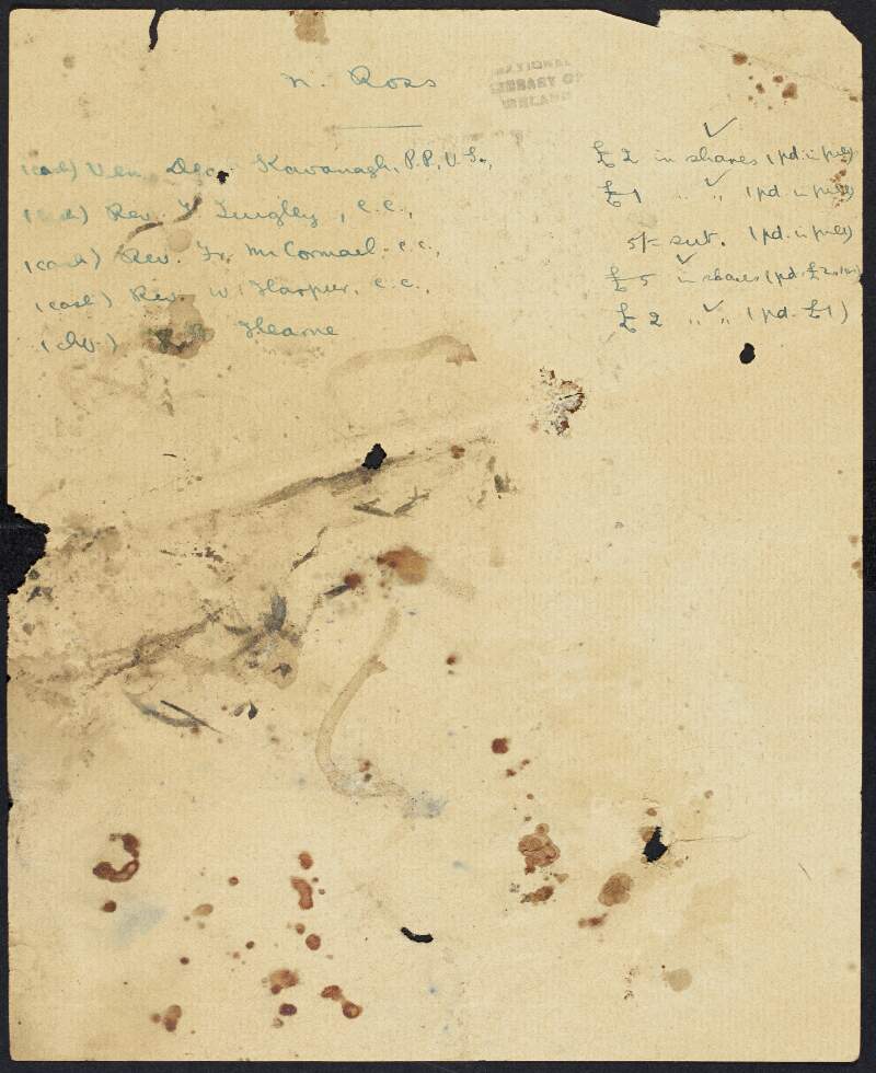 List by Padraic Pearse of shareholders and their payments in an unidentified body related to New Ross, Co. Wexford,