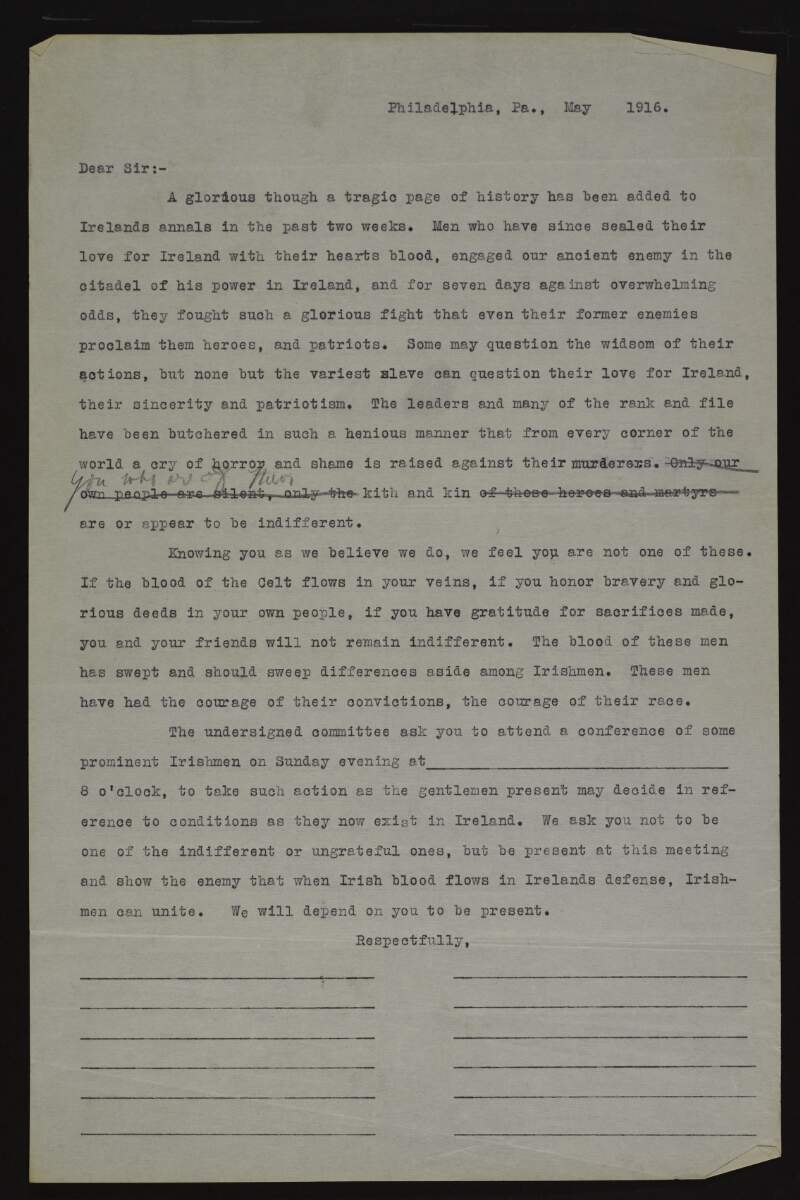 Four drafts of letter by Joseph McGarrity on behalf of a committee asking for attendance at a meeting to discuss the current situation in Ireland,