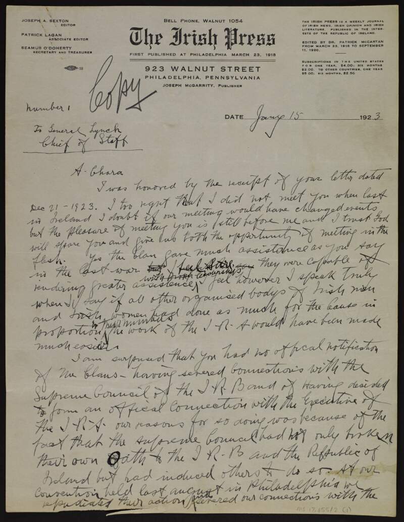 Letter from Joseph McGarrity to Liam Lynch regarding Seán Moylan's tour of the Clan-na-Gael Clubs and the rules concerning the military branch of the Clan,