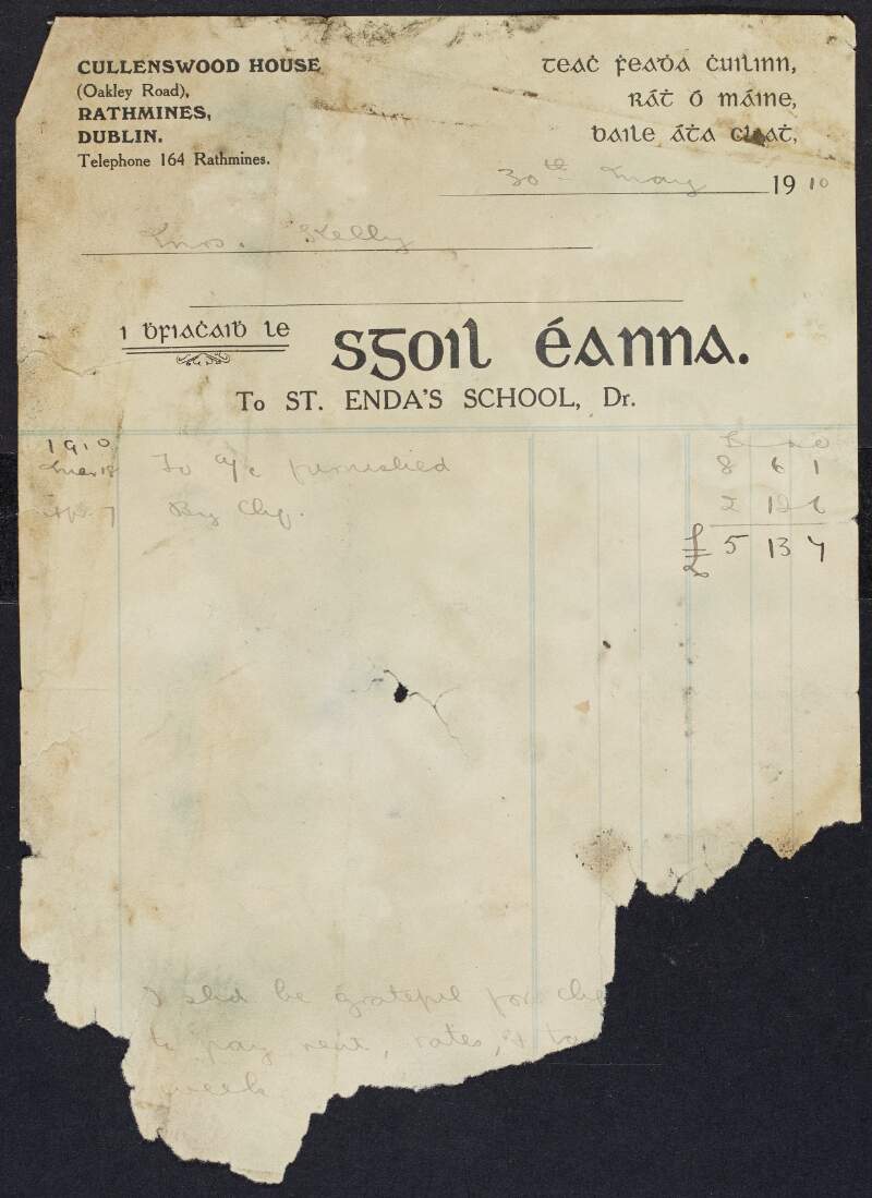Invoice from St. Enda's School to [Thomas?] Kelly for the amount of £5-13-7,