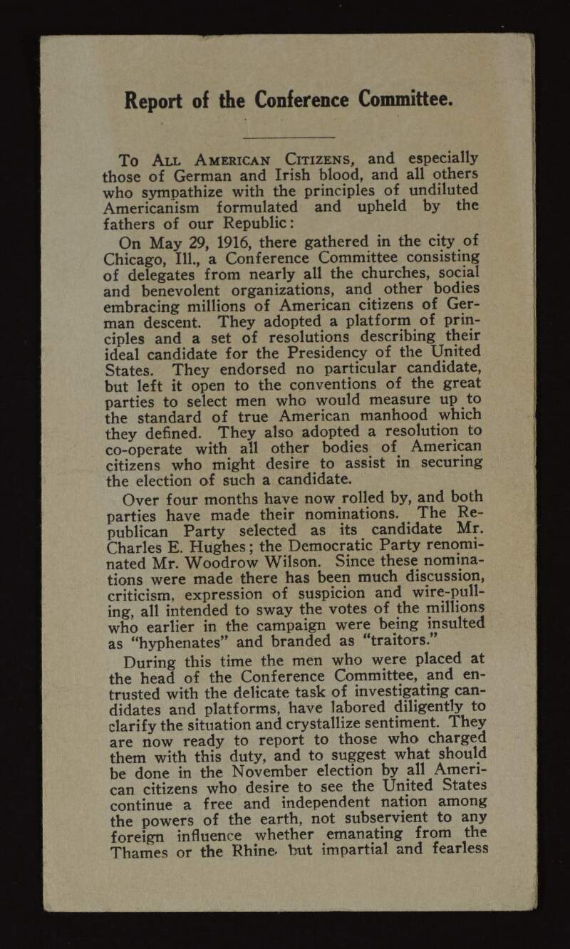 Booklet giving a report of the Committee for a  National Conference of people of German descent in America on British attempts to circumvent American neutrality,