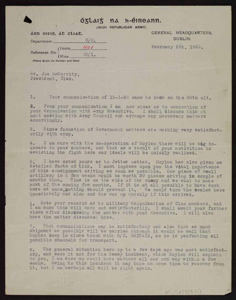 Typescript letter from Liam Lynch to Joseph McGarrity regarding the IRA's need for artillery and as the pressure to end the civil war rises,
