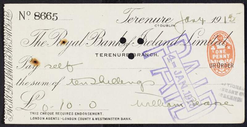 Personal cheques of William Pearse,