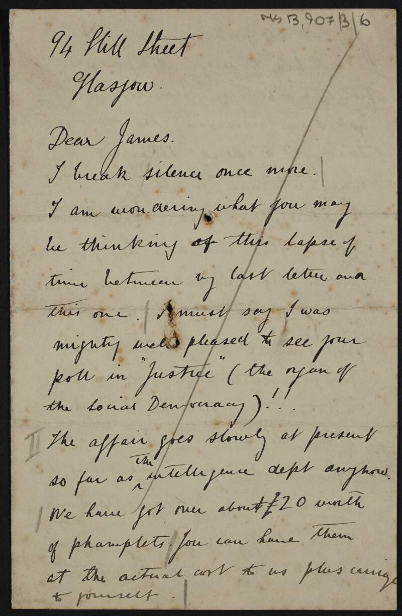 Letter from George S. Yates to James Connolly offering pamphlets, informing Connolly that he has temporarily resigned from the Glasgow branch, about preparations for a congress at Blackburn, and asking if Connolly could visit Scotland as a "lecturer" that summer,