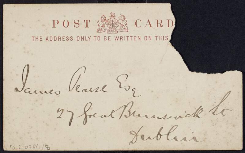 Postcard from the Bank of England Branch in Birmingham to James Pearse acknowledging his letter and enclosure,