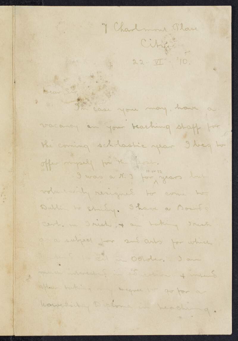 Letter from F. Burke to Padraic Pearse applying for a position as a teacher at St. Enda's School and providing information on his previous teaching experience,