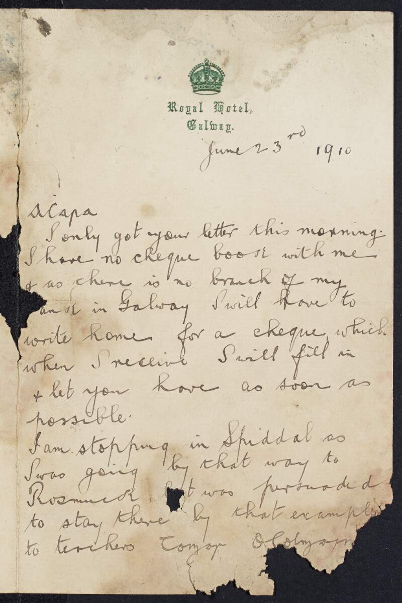 Letter from Eoghan O Cléirigh to Padraic Pearse informing him he will send a cheque to him as soon as possible and also speaking of the success of the moving of St. Enda's School to The Hermitage and the introduction of St. Ita's School,