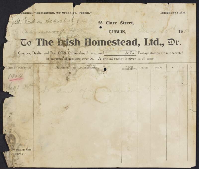 Invoice from The Irish Homestead, Ltd., to Padraic Pearse for the amount of £20,