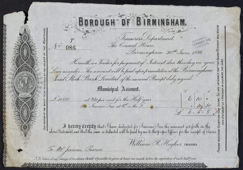 Certificate of half year interest and income tax on stocks held in the Birmingham Joint Stock Bank, Limited by James Pearse,