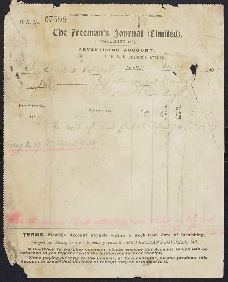 Invoice from The Freeman's Journal to Padraic Pearse for advertisements printed in the journal to the amount of £5-12-0,
