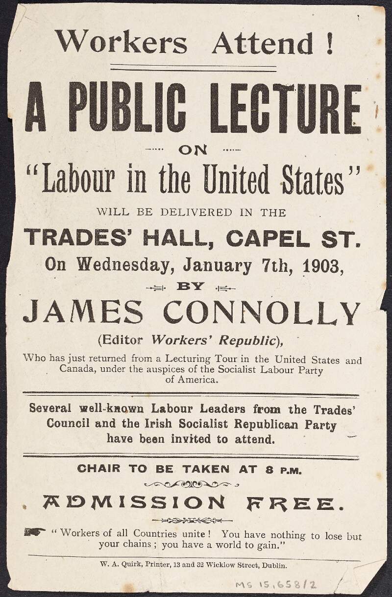 Flyer announcing a public lecture by James Connolly entitled "Labour in the United States",
