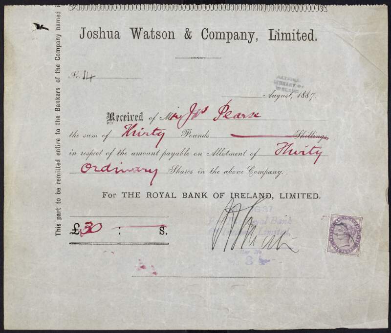 Receipt from Joshua Watson & Company Limited for James Pearse's deposit on his application for ordinary shares in the company,