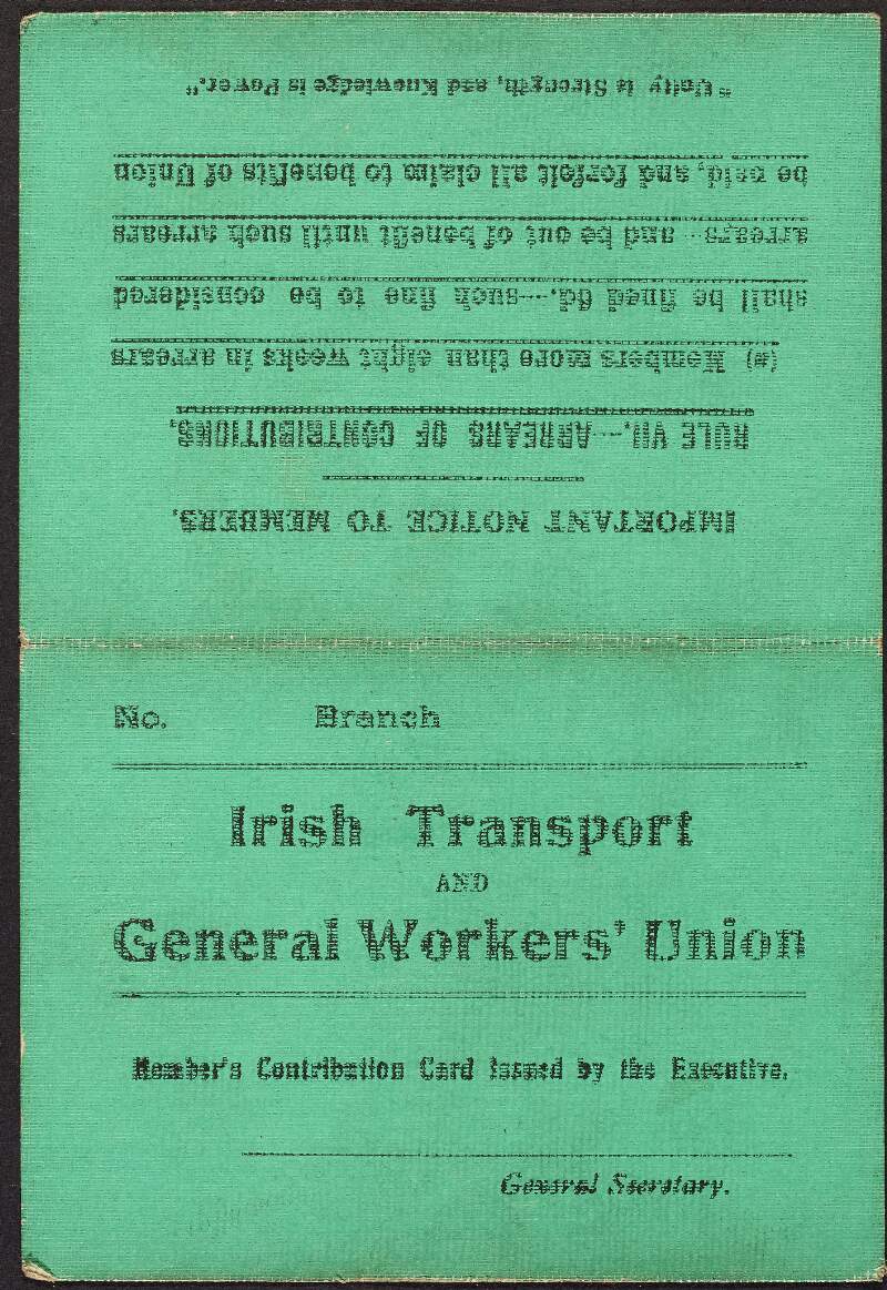 Irish Transport and General Workers' Union member's contribution card for the year 1918, belonging to William O'Brien,