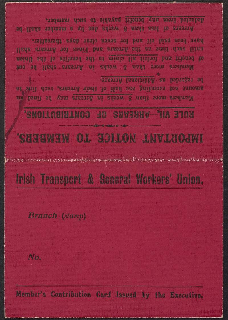 Irish Transport and General Workers' Union member's contribution card for the year 1919, belonging to William O'Brien,
