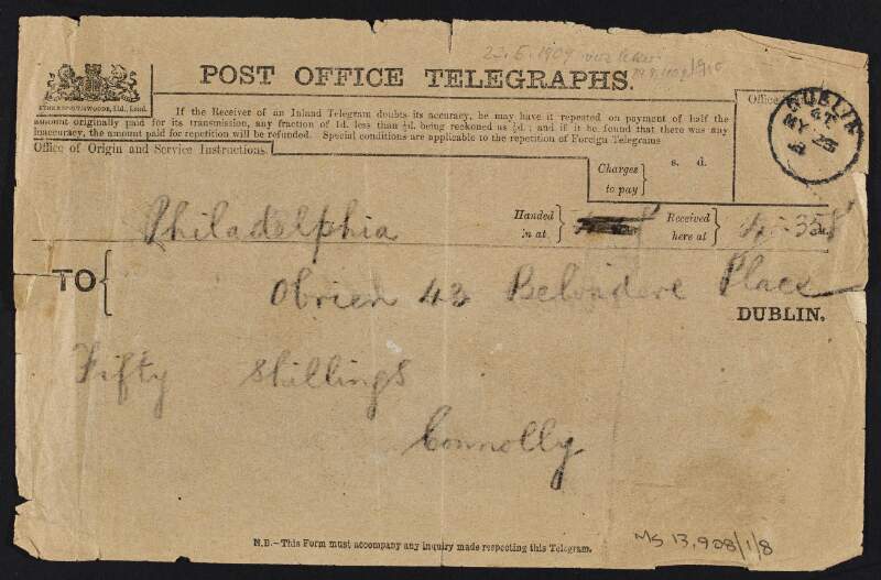 Telegram from James Connolly to William O'Brien saying "fifty shillings",