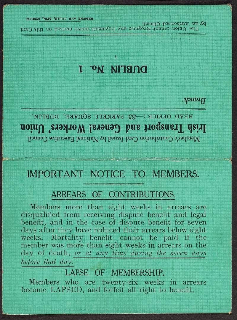 Irish Transport and General Workers' Union member's contribution card for the year 1929, belonging to William O'Brien,