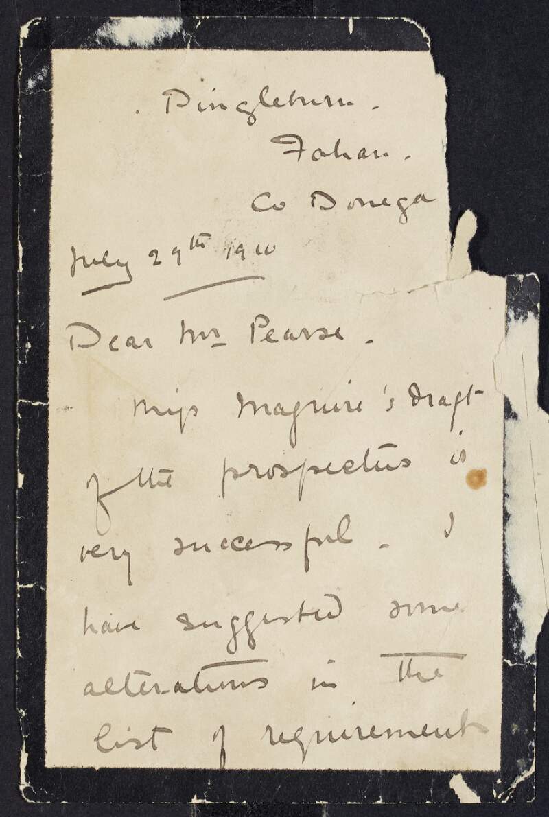 Letter from Gertrude Bloomer to Padraic Pearse regarding alterations to the prospectus of St. Ita's School, posting circulars and moving into Cullenswood House to prepare the school,