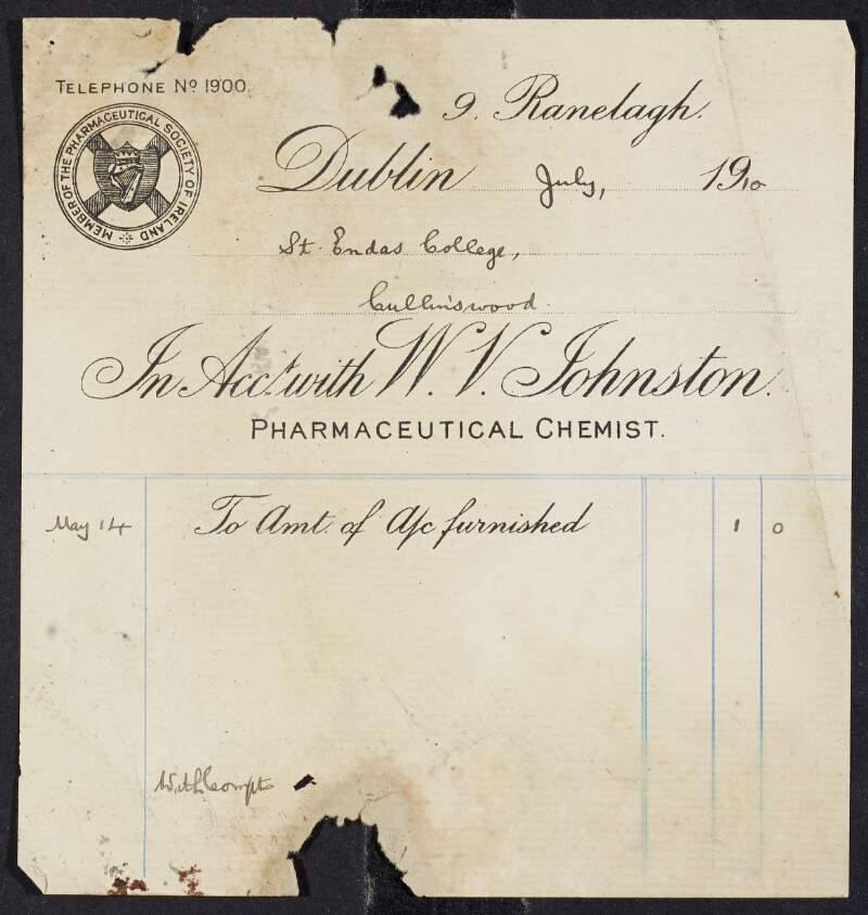 Invoice from  W. V. Johnston, Pharmaceutical Chemist to Padraic Pearse for the amount of £0-1-0,