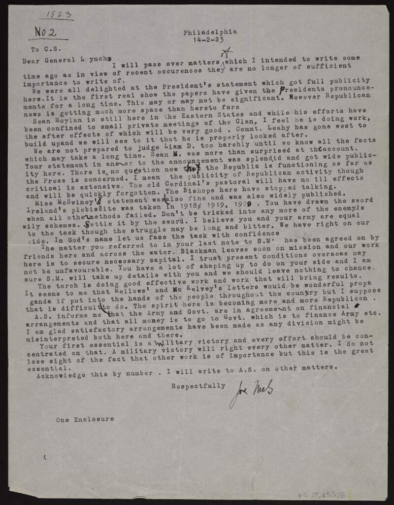 Typescript letter from Joseph McGarrity to Liam Lynch regarding Seán Moylan's work in the US and settling matters of financing the Republican Army,