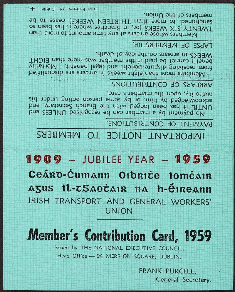 Irish Transport and General Workers' Union member's contribution card for the year 1959, belonging to William O'Brien,