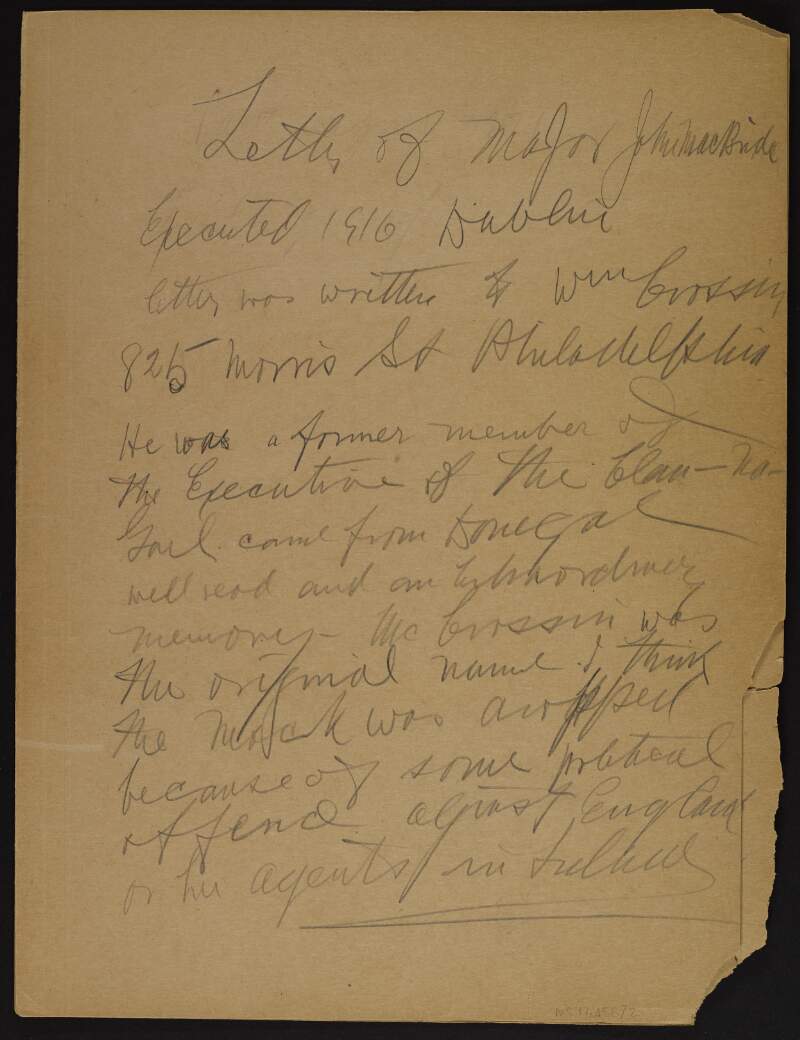 Paper folder with Joseph McGarrity's notes regarding the contents, a letter from Major John MacBride, and biographical details about the recipient, William Crossin,
