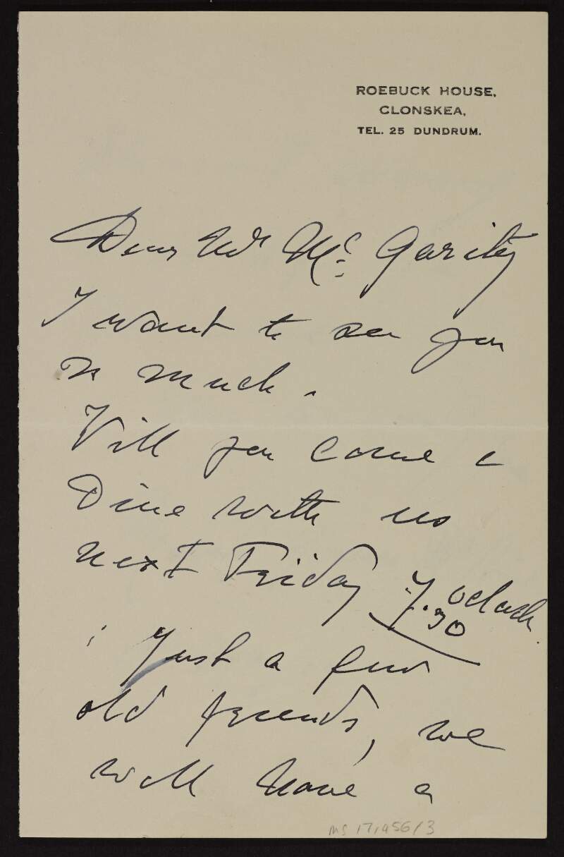 Letter from Maud Gonne MacBride to Joseph McGarrity, inviting him to dinner,