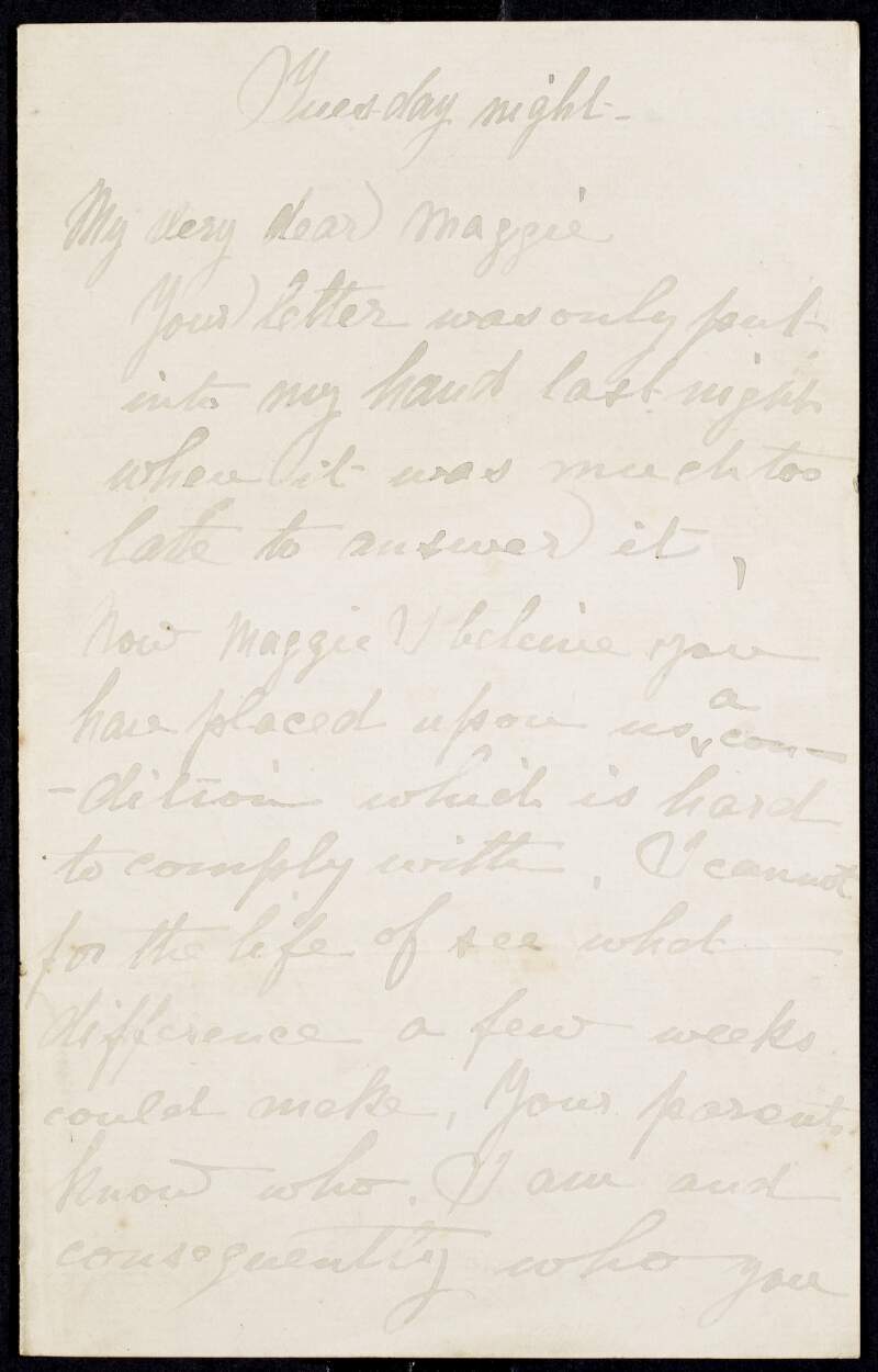 Letter from James Pearse to Margaret Brady regarding plans to come to her home and meet her parents,
