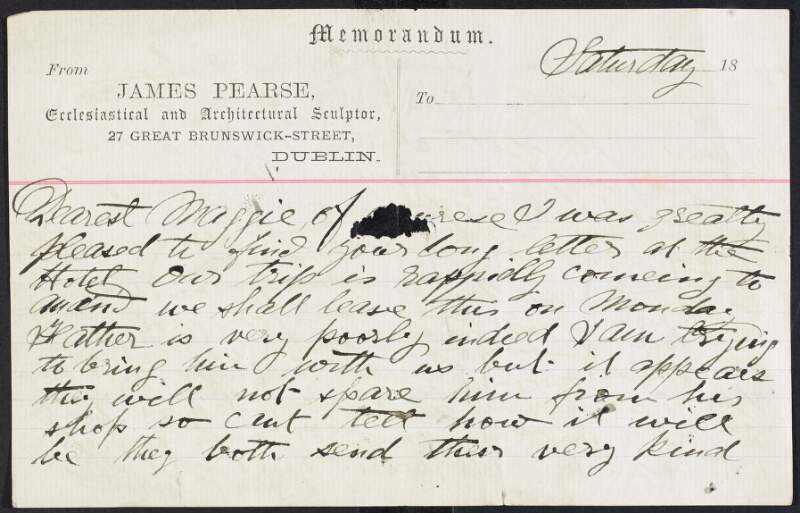 Letter from Jim [James] Pearse to Margaret Pearse regarding his fathers health during a trip to visit him,
