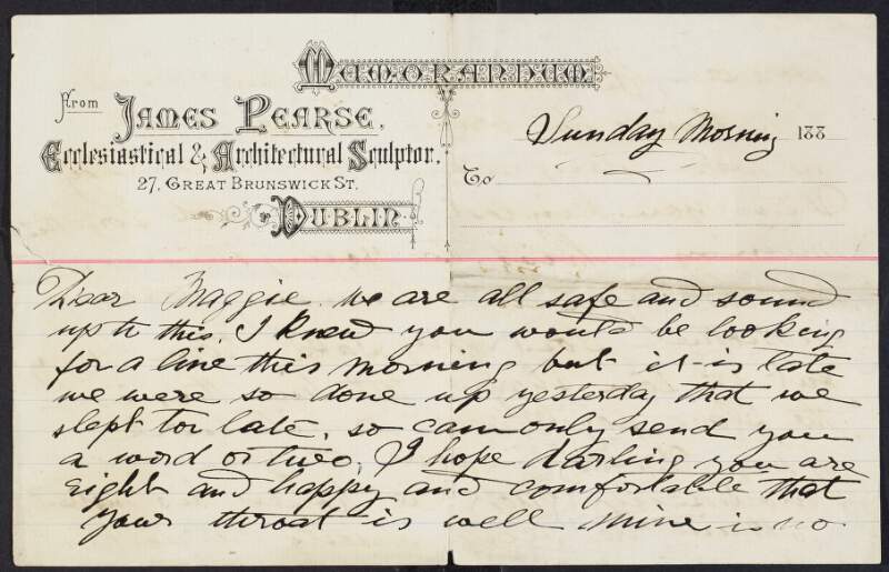 Letter from Jim [James] Pearse to Margaret Pearse sending his love to her and their family during a trip,