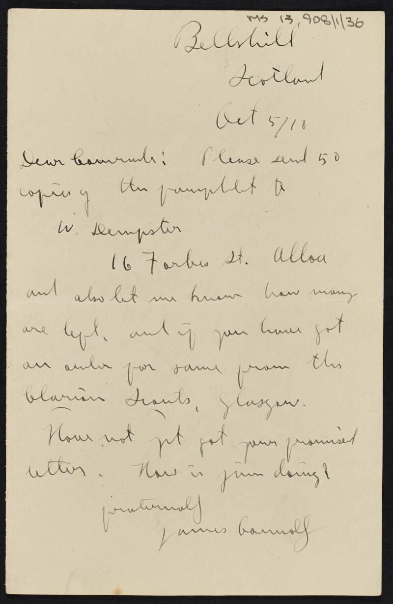 Letter from James Connolly to William O'Brien requesting pamphlets and enquiring about stock and reprinting of same,