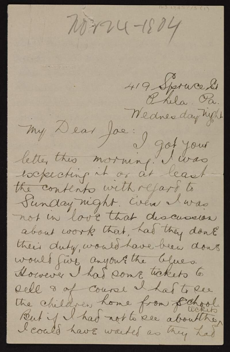 Letter from Patrick McCartan to Joseph McGarrity regarding a very young woman with whom he is involved and tickets for a banquet,