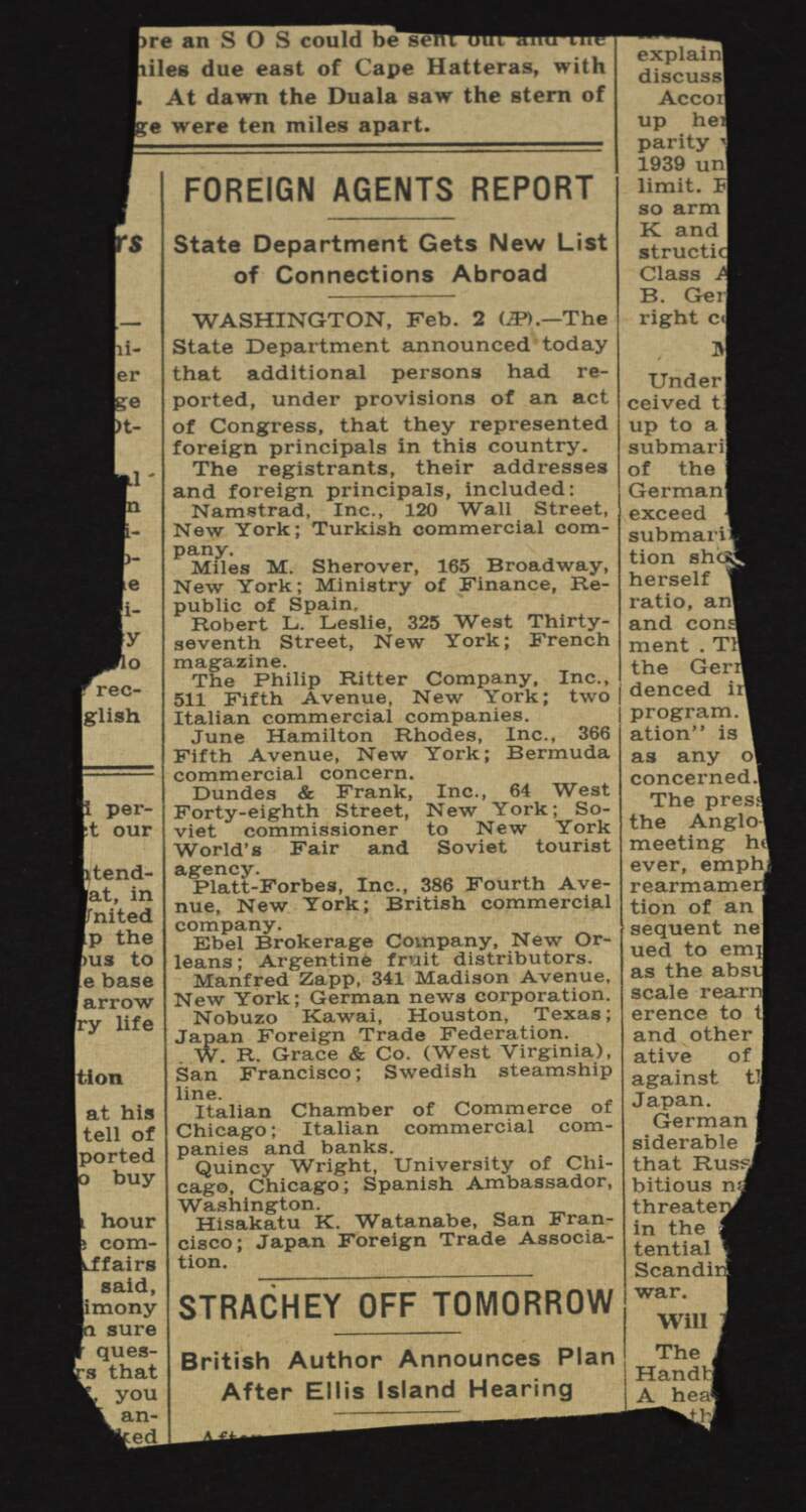 Newspaper cutting with an article about an announcement by the US State Department of persons in the US who represented foreign principals, with a list of names and addresses,