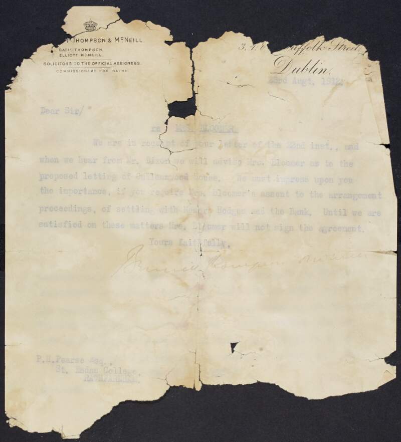 Typescript letter from Bennett, Thompson & McNeill, solicitors, to Padraic Pearse regarding Gertrude Bloomer and the renting out of Cullenswood House,