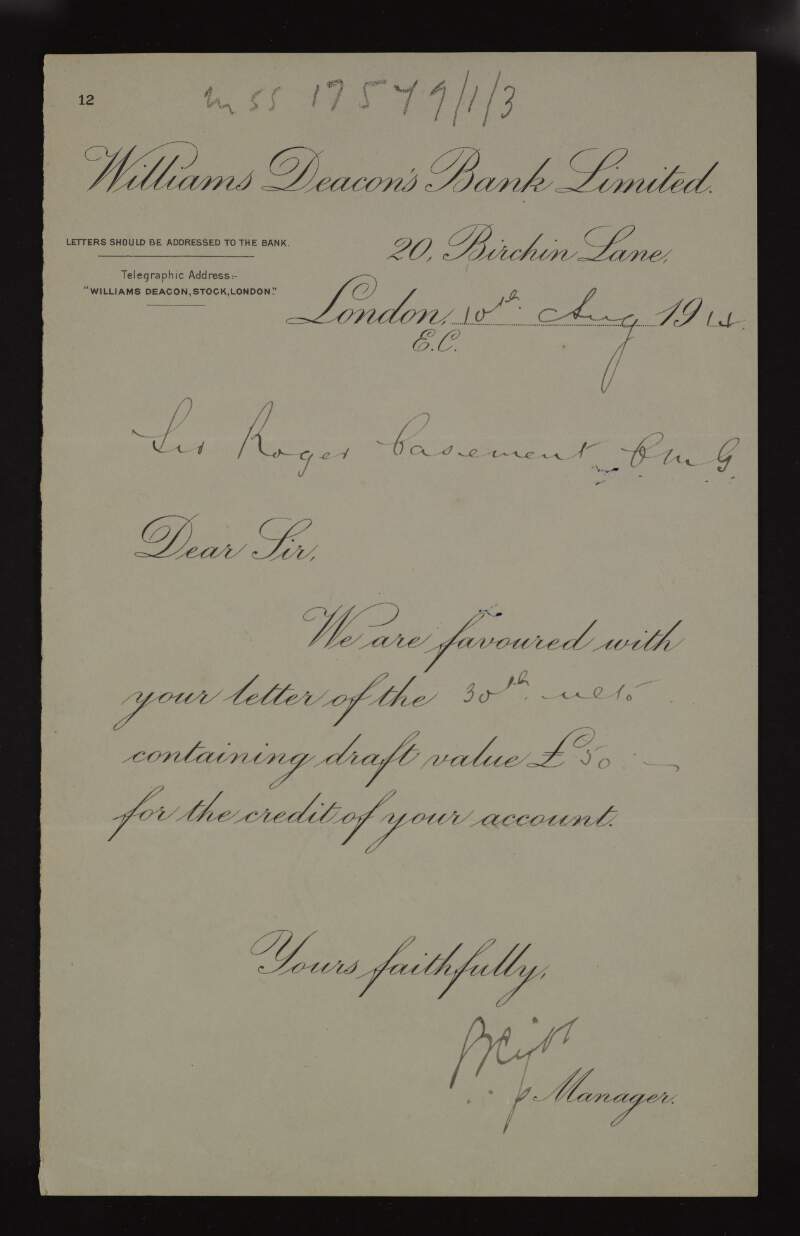 Letter from the branch manager of "Williams Deacon's Bank Limited" at 20 Birchin Lane,