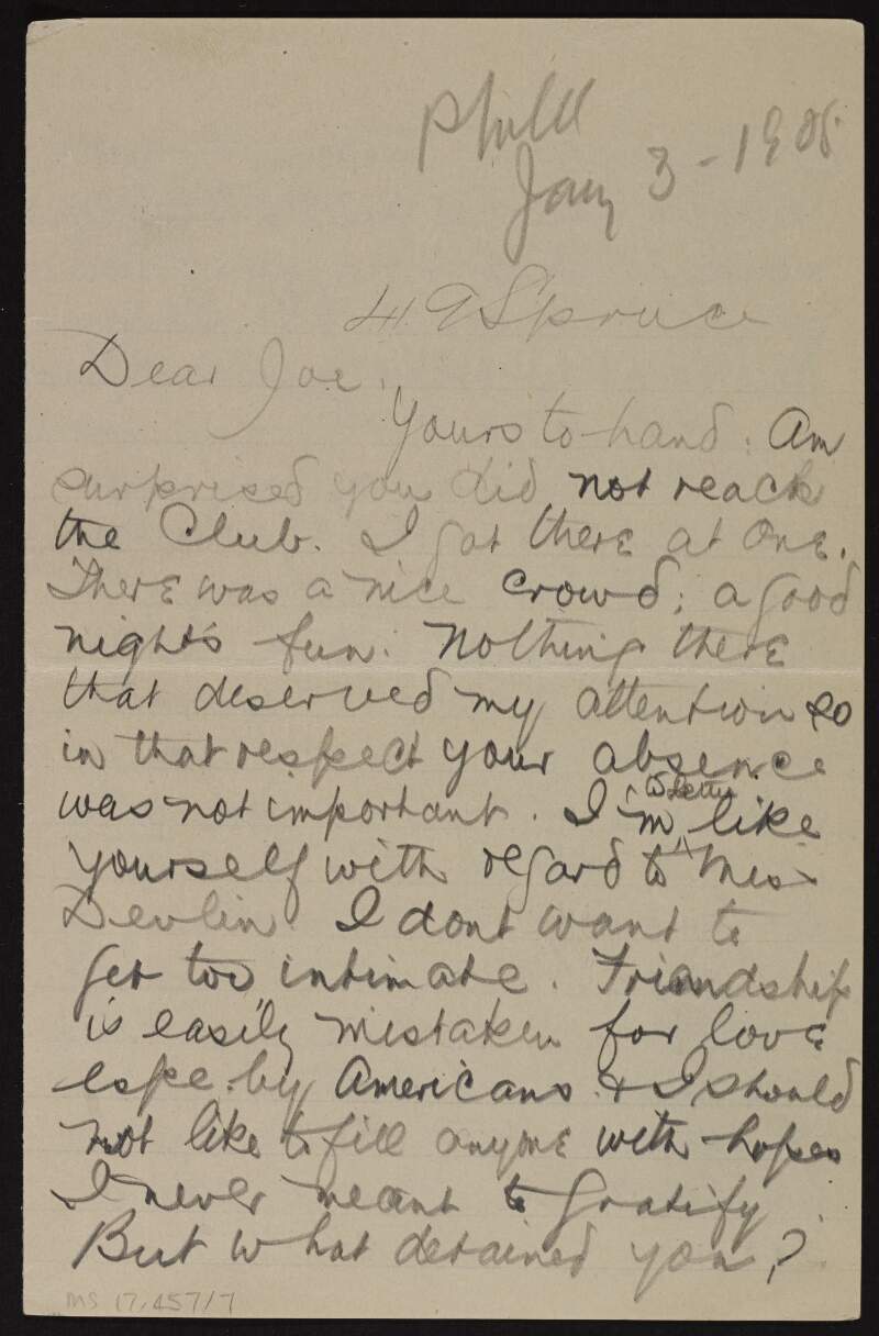 Letter from Patrick McCartan to Joseph McGarrity regarding "Miss Devlin",