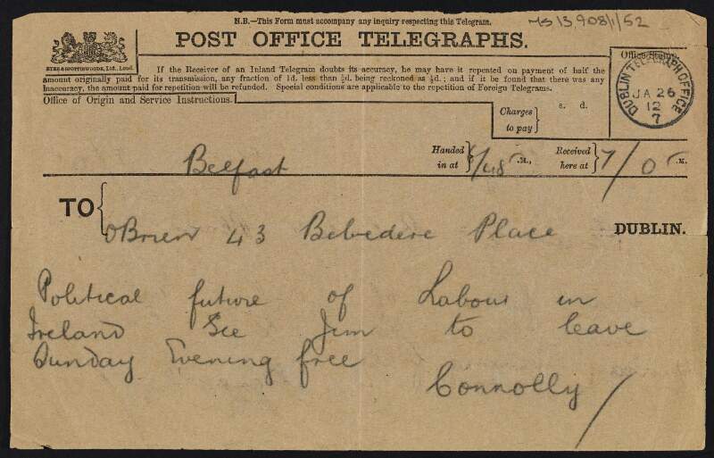 Telegram from James Connolly to William O'Brien referring to the political future of Labour in Ireland,