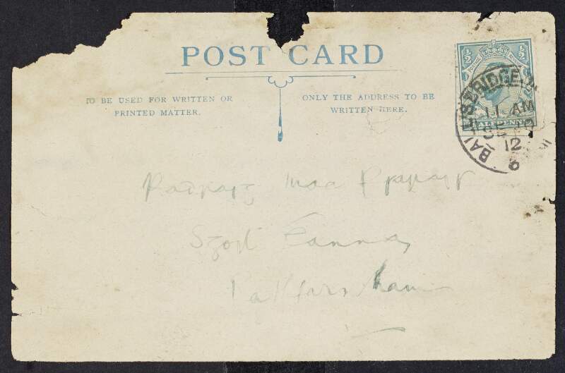 Postcard from Seosaimh Ó Cléirigh to Padraic Pearse requesting an invitation for the céilidhe [céilí] to be sent to him for M. A. Gadihuk B. A. Oxon,