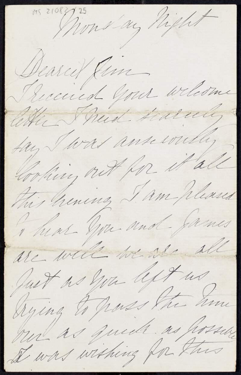Letter from Margaret Pearse to James Pearse regarding how much she, the children, and their dogs miss him during his trip,