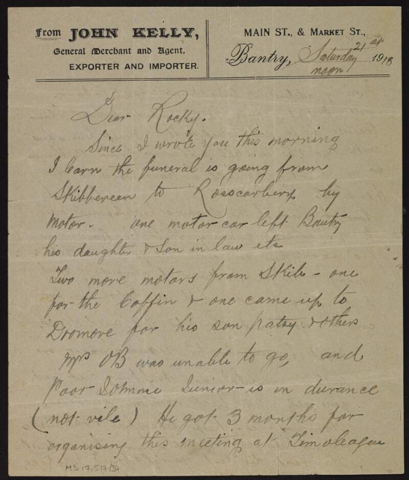 Letter from John Kelly to an unidentified person regarding a funeral travelling from Skibbereen to Rosscarbery,