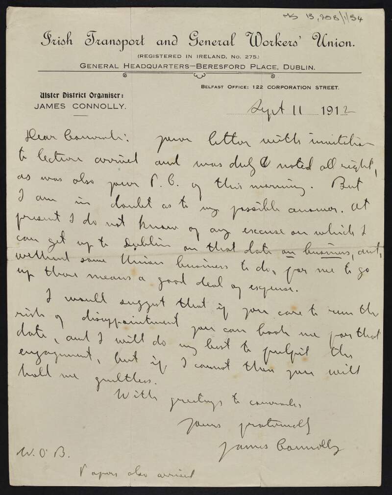 Letter from James Connolly to William O'Brien about a possible lecture by Connolly,