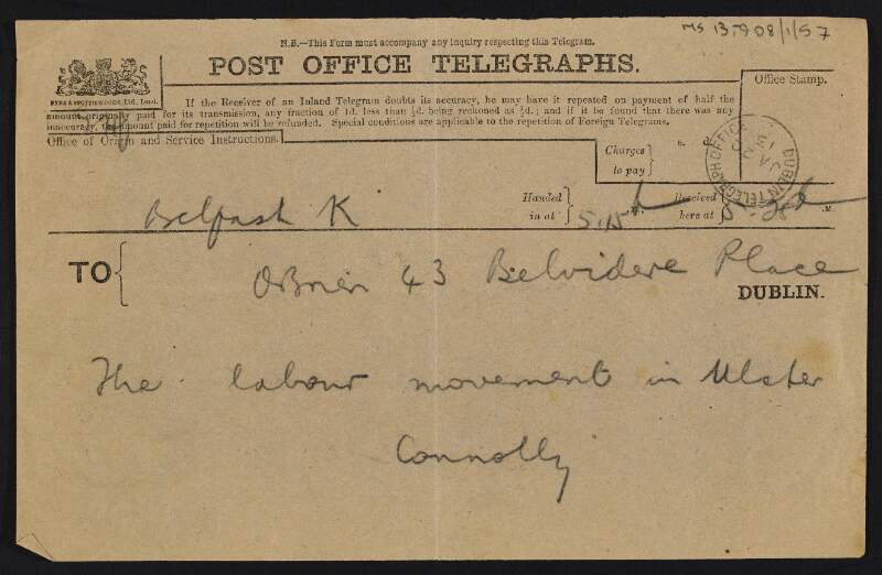 Telegram from James Connolly to William O'Brien saying "The Labour movement in Ulster",