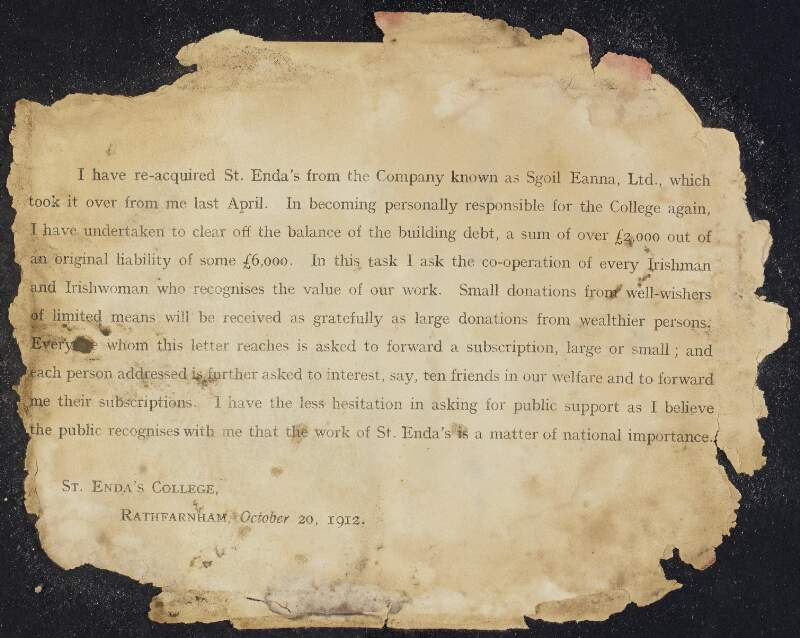 Typescript circular by Padraic Pearse requesting the co-operation of every Irishman and Irishwoman to contribute to the fund to clear off the balance of the St. Enda's building debt,