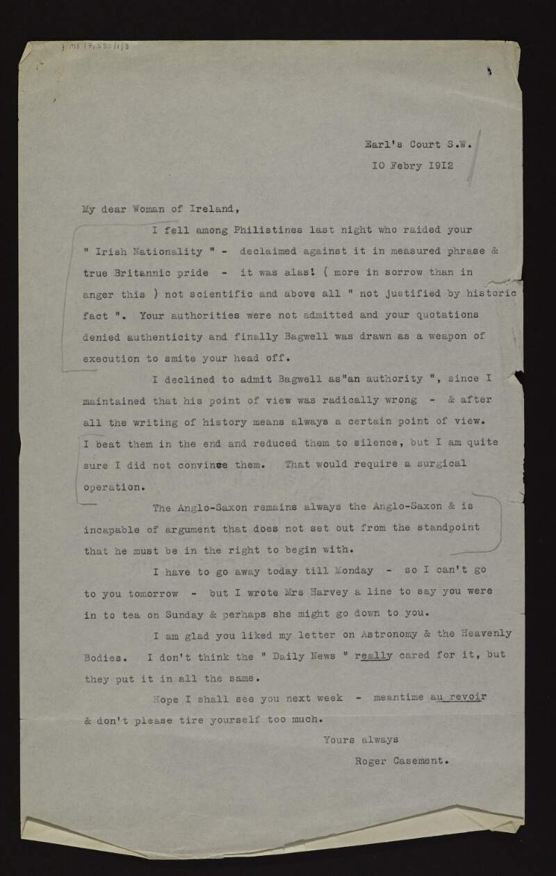 Letter from Roger Casement to unidentified recipient relating a story about being in the company of "philistines" the previous night,