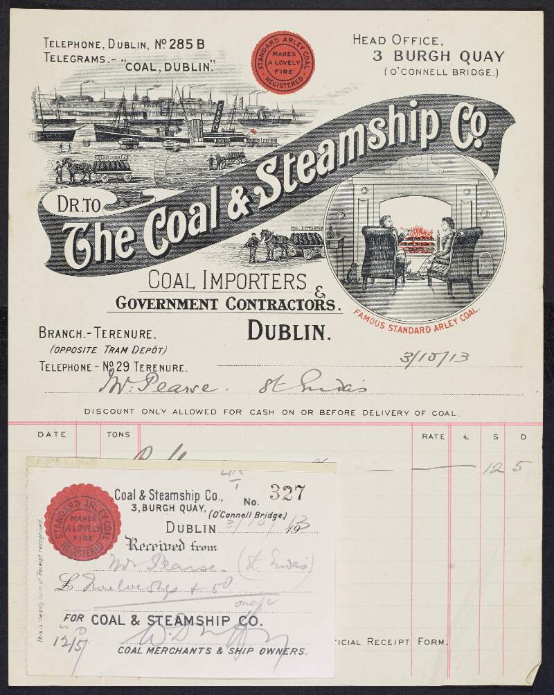 Receipt from The Coal & Steamship Compant to Padraic Pearse acknowledging a cheque to the amount of £0-12-5,
